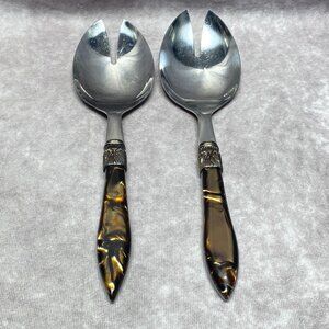Vintage Stainless Steel Salad Servers With Faux Tortoiseshell Handles 10"